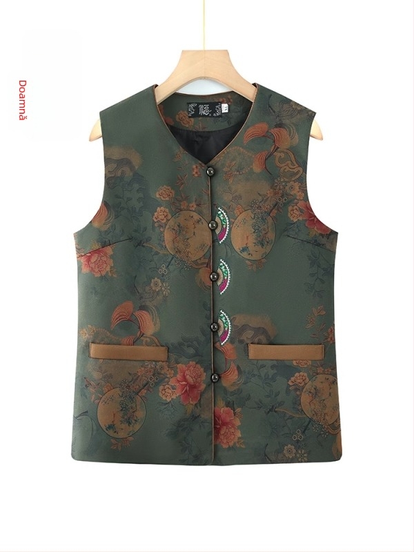 Vestă pentru femei de vârstă mijlocie și în vârstă, imprimeu floral elegant, material poliester, Primăvara 2025
