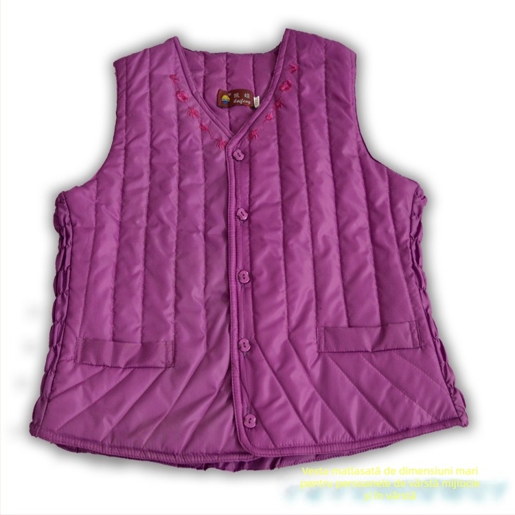 Vestă fără mâneci pentru femei în vârstă, stil cardigan, fără guler, croială slim, închidere cu trei nasturi, țesătură poliester, umplutură poliesterică.