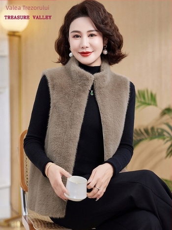 Vesta din catifea Mink pentru toamnă-iarnă, groasă, design patchwork, lungime medie pentru femei de vârstă mijlocie și vârstnice