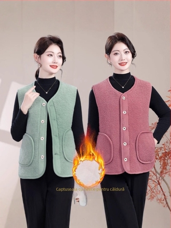 Vesta cu căptușeală de fleece pentru toamna–iarna, cu nasturi, textură, din poliester 90–95% și elastan ≤30%, lungime standard 50–65 cm