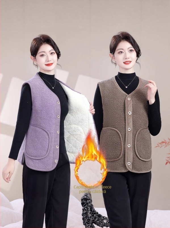 Vesta cu căptușeală de fleece pentru toamna–iarna, cu nasturi, textură, din poliester 90–95% și elastan ≤30%, lungime standard 50–65 cm