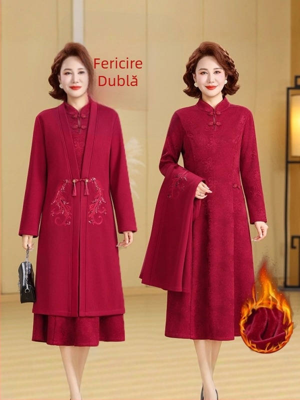 Rochie elegantă pentru oaspeți la nuntă, cu căptușeală fleece, toamnă-iarnă 2025, material poliester, imprimeu, lungime midi