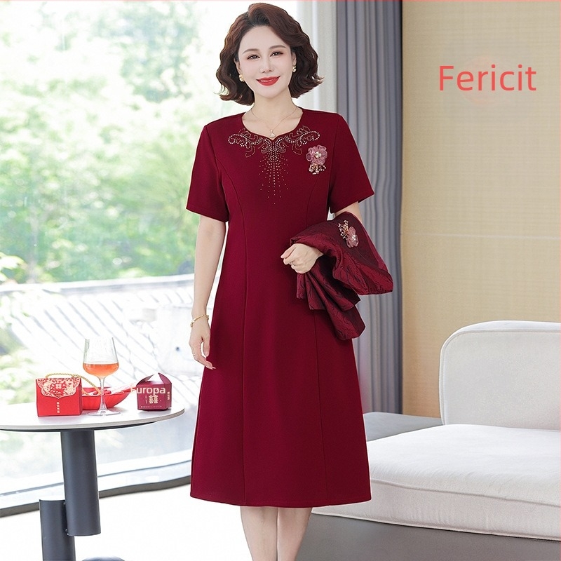 Set din două piese pentru mama miresei: rochie pentru banchetul de nuntă cu fustă midi, toamna-iarnă, stil elegant și grațios, design patchwork, material viscose 70-80% cu acril sub 30%, model Q1006