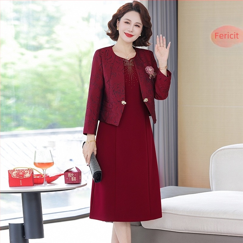 Set din două piese pentru mama miresei: rochie pentru banchetul de nuntă cu fustă midi, toamna-iarnă, stil elegant și grațios, design patchwork, material viscose 70-80% cu acril sub 30%, model Q1006