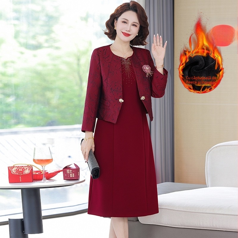 Set din două piese pentru mama miresei: rochie pentru banchetul de nuntă cu fustă midi, toamna-iarnă, stil elegant și grațios, design patchwork, material viscose 70-80% cu acril sub 30%, model Q1006