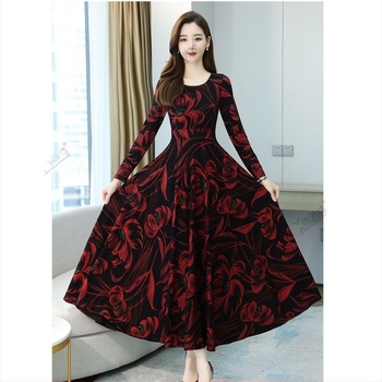 Rochie A-line midi cu guler rotund, mâneci lungi, talie înaltă