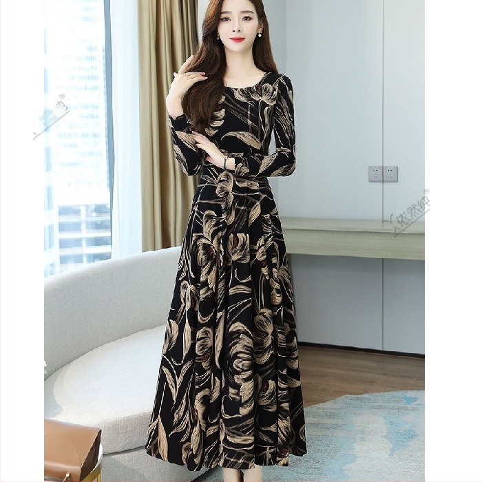 Rochie A-line midi cu guler rotund, mâneci lungi, talie înaltă