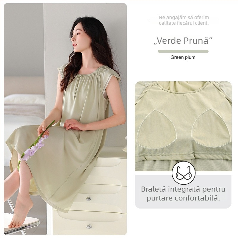 Rochie de dormit pentru femei cu decolteu în V, mâneci 3/4, lungime medie, Tencel-bumbac, respirabilă și confortabilă