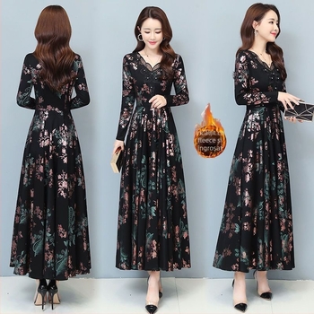 Rochie cu mâneci lungi, croială în A, decolteu în V, talie medie, imprimeu, poliester