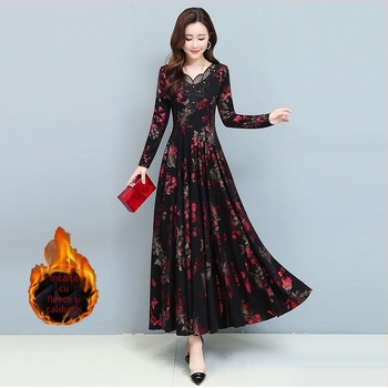 Rochie cu mâneci lungi, croială în A, decolteu în V, talie medie, imprimeu, poliester