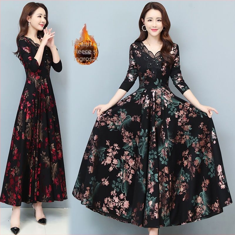 Rochie cu mâneci lungi, croială în A, decolteu în V, talie medie, imprimeu, poliester