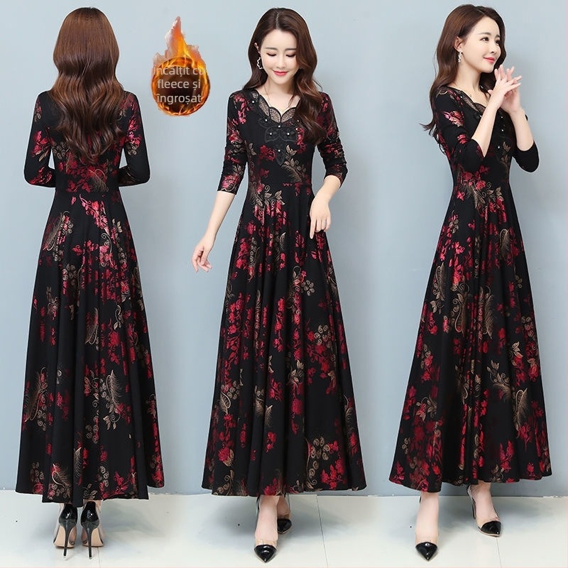 Rochie cu mâneci lungi, croială în A, decolteu în V, talie medie, imprimeu, poliester