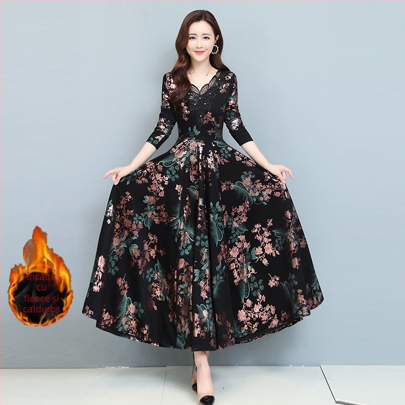 Rochie cu mâneci lungi, croială în A, decolteu în V, talie medie, imprimeu, poliester