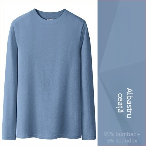 Tricou din bumbac cu mâneci lungi, croială slim, guler semi‑înalt, culoare solidă, lungime standard