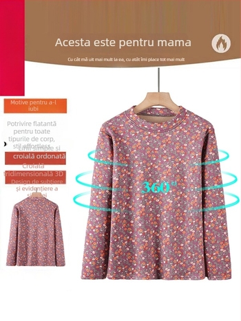 Top termic pentru bază, pentru femei, cu mâneci lungi, guler rotund, model floral, țesătură poliesterică (>95%)
