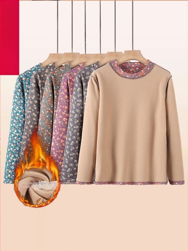 Top termic pentru bază, pentru femei, cu mâneci lungi, guler rotund, model floral, țesătură poliesterică (>95%)