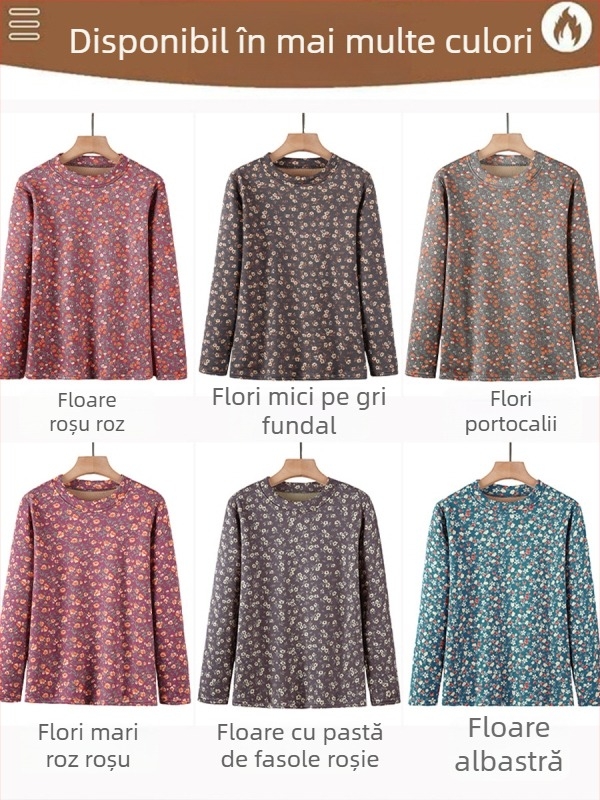Top termic pentru bază, pentru femei, cu mâneci lungi, guler rotund, model floral, țesătură poliesterică (>95%)