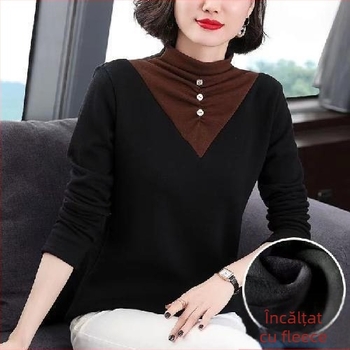 Tricou femei cu căptușeală fleece, mâneci lungi, croială oversize, amestec poliester, broderie