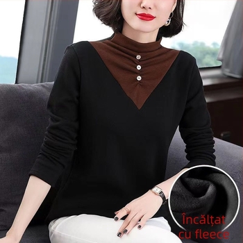 Tricou femei cu căptușeală fleece, mâneci lungi, croială oversize, amestec poliester, broderie