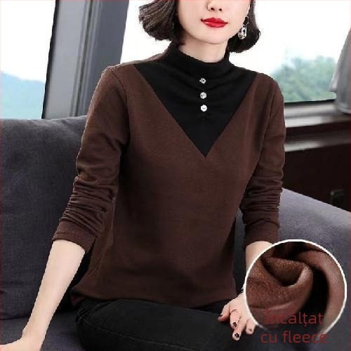 Tricou femei cu căptușeală fleece, mâneci lungi, croială oversize, amestec poliester, broderie