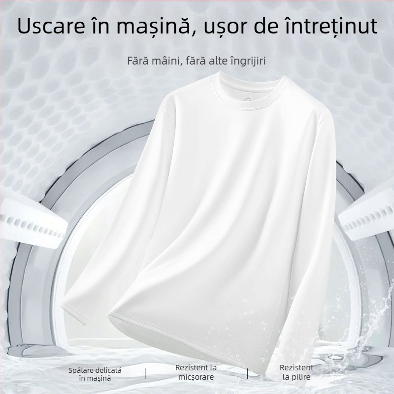 Tricou din fibre de vâscoză, culoare solidă, mâneci lungi, guler rotund.