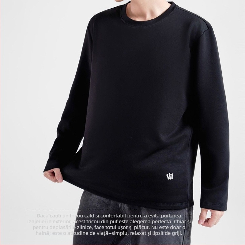 Tricou din fibre de vâscoză, culoare solidă, mâneci lungi, guler rotund.