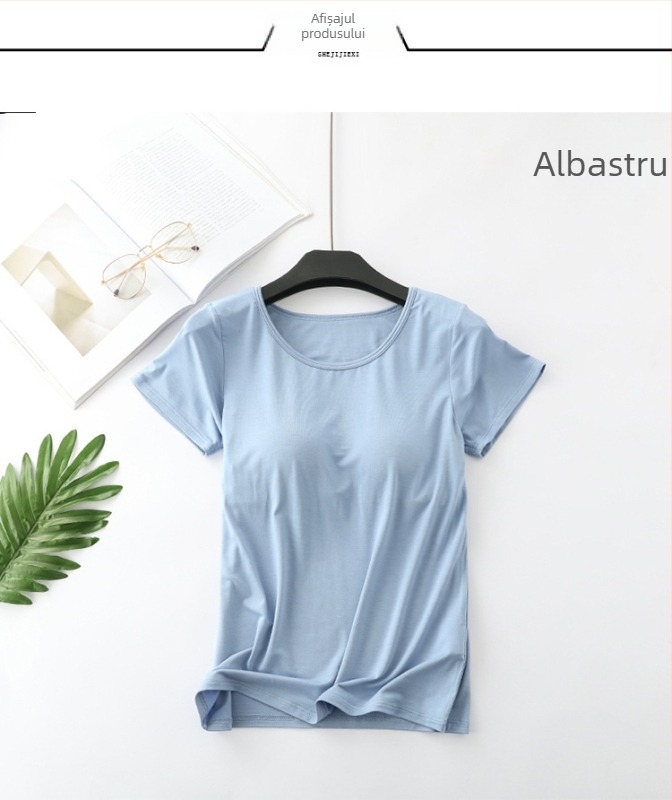 Tricou modal cu guler rotund, mâneci 3/4, model 3D, amestec Modal cu 30–50% Tencel Lyocell, lungime scurtă pentru casă