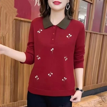 Tricou dama din chenille, mâneci lungi, imprimeu fructe, guler polo, croială lejeră