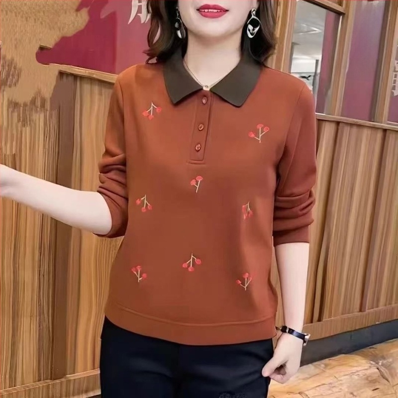 Tricou dama din chenille, mâneci lungi, imprimeu fructe, guler polo, croială lejeră