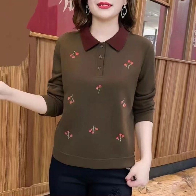 Tricou dama din chenille, mâneci lungi, imprimeu fructe, guler polo, croială lejeră
