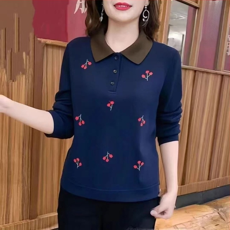 Tricou dama din chenille, mâneci lungi, imprimeu fructe, guler polo, croială lejeră