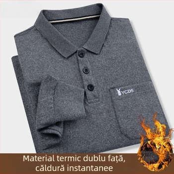 Tricou cu mânecă lungă pentru bărbați, guler Turn-Down, buzunar, velur dublu, imprimeu cu litere, pulover, 96% poliester, cald pentru iarnă, primăvară și toamnă