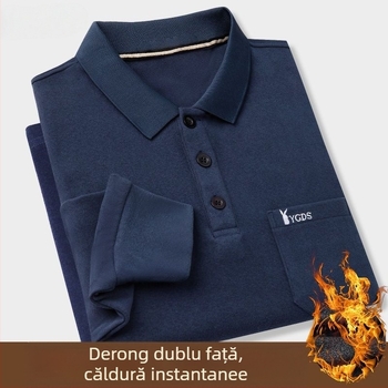 Tricou cu mânecă lungă pentru bărbați, guler Turn-Down, buzunar, velur dublu, imprimeu cu litere, pulover, 96% poliester, cald pentru iarnă, primăvară și toamnă