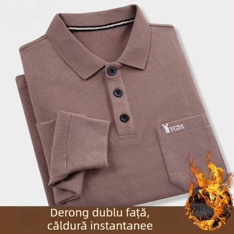Tricou cu mânecă lungă pentru bărbați, guler Turn-Down, buzunar, velur dublu, imprimeu cu litere, pulover, 96% poliester, cald pentru iarnă, primăvară și toamnă