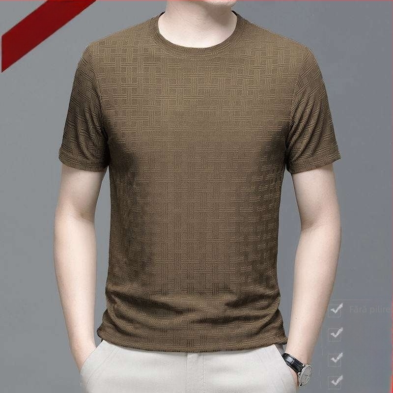 Tricou bărbați subțire, ușor, mânecă scurtă, guler rotund, poliester 96%+, model grilă geometrică