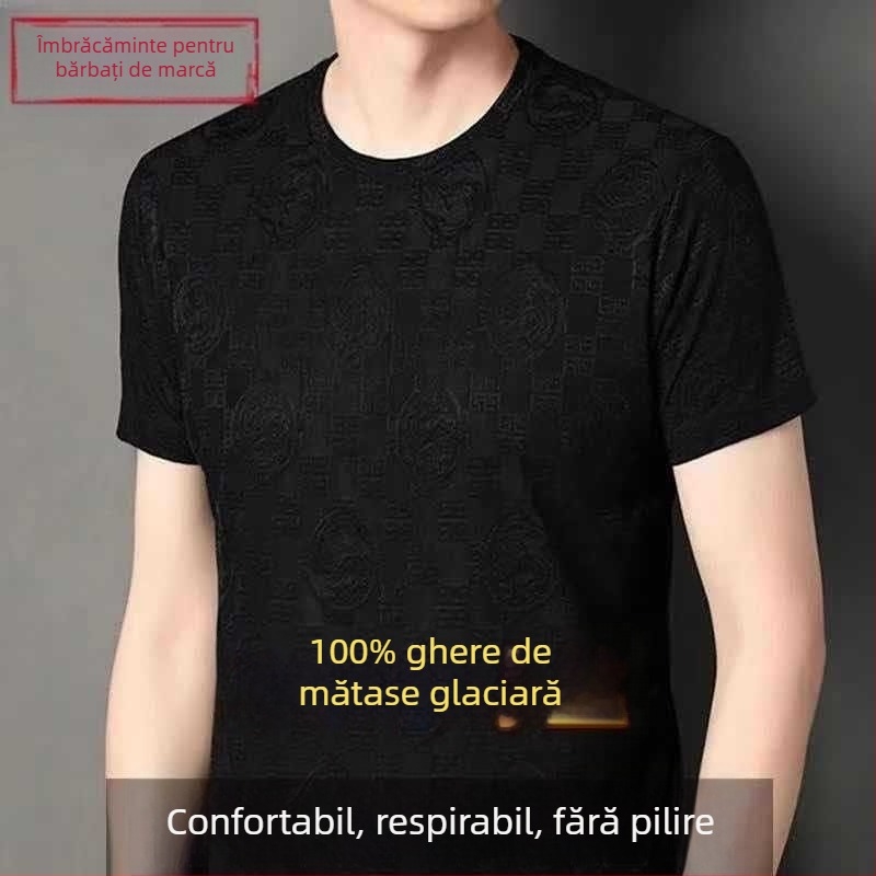 Tricou bărbați subțire, ușor, mânecă scurtă, guler rotund, poliester 96%+, model grilă geometrică