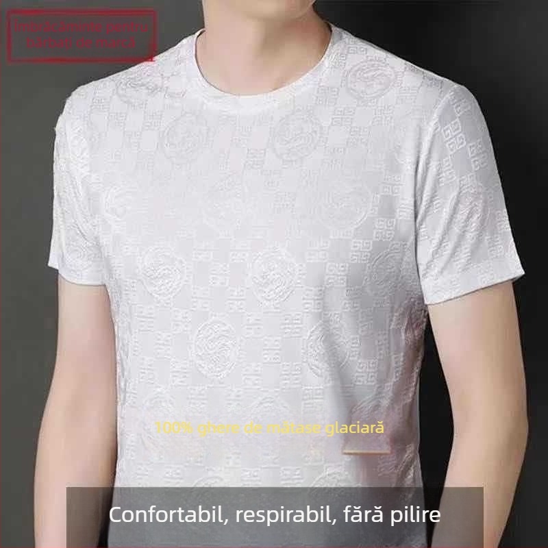 Tricou bărbați subțire, ușor, mânecă scurtă, guler rotund, poliester 96%+, model grilă geometrică