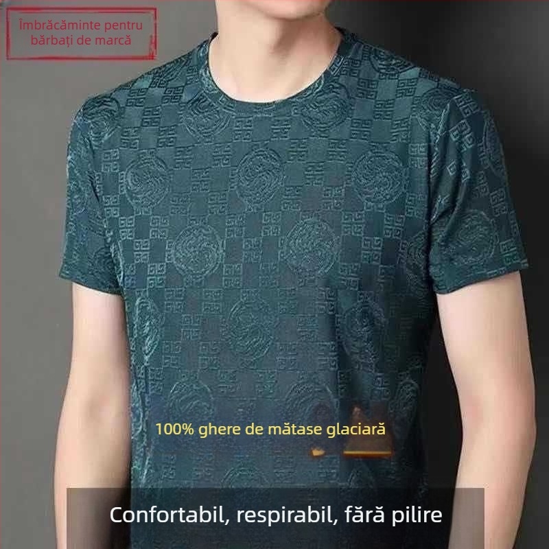 Tricou bărbați subțire, ușor, mânecă scurtă, guler rotund, poliester 96%+, model grilă geometrică