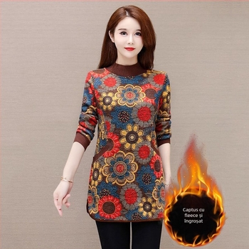 tricou cu imprimeu floral, mâneci lungi, guler semi-înalt, amestec poliester-elastan