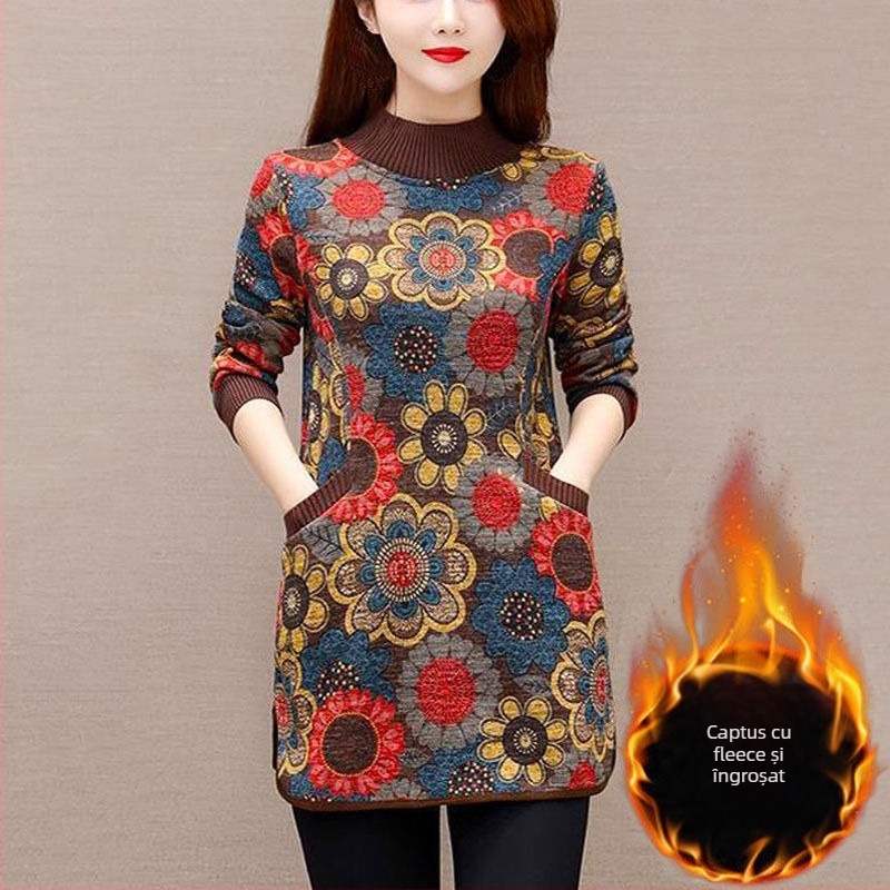 tricou cu imprimeu floral, mâneci lungi, guler semi-înalt, amestec poliester-elastan