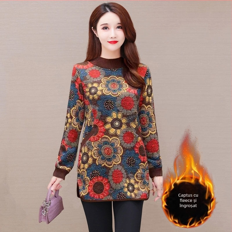 tricou cu imprimeu floral, mâneci lungi, guler semi-înalt, amestec poliester-elastan