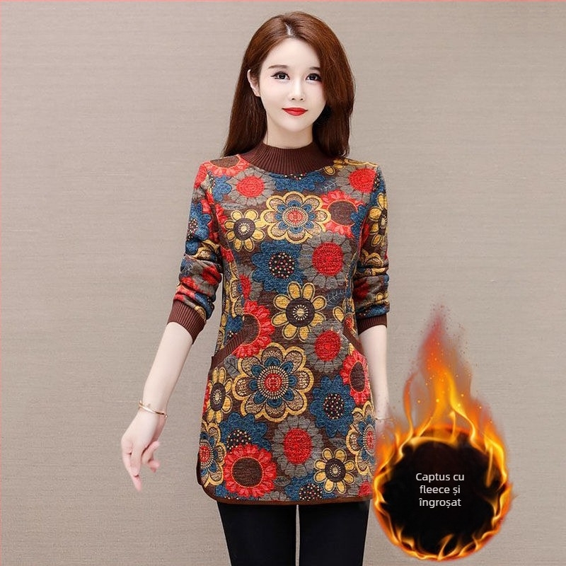 tricou cu imprimeu floral, mâneci lungi, guler semi-înalt, amestec poliester-elastan