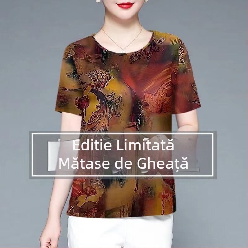 Top Ice Silk pentru femei cu mâneci scurte, guler rotund – pulover subțire, stil casual, pentru femei de vârstă mijlocie și în vârstă; Material: Ice Silk; Spandex 80–90%; Poliester