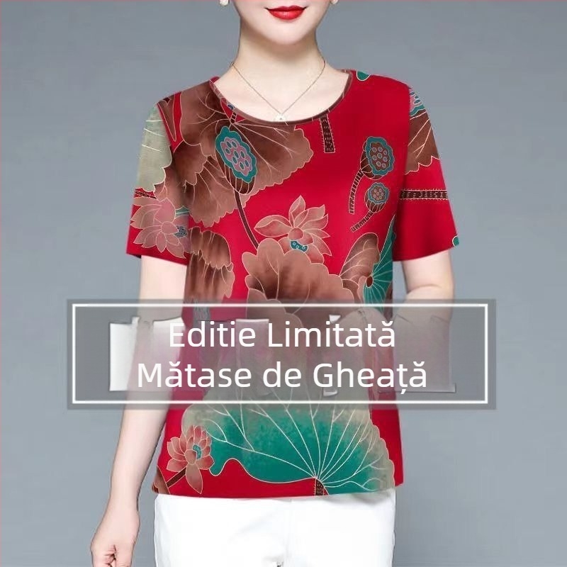 Top Ice Silk pentru femei cu mâneci scurte, guler rotund – pulover subțire, stil casual, pentru femei de vârstă mijlocie și în vârstă; Material: Ice Silk; Spandex 80–90%; Poliester