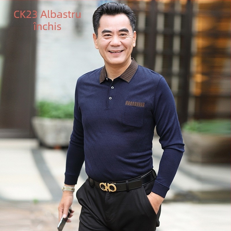 Tricou bărbați cu mânecă lungă, guler rever, viscose ușor, croială lejeră, culoare solidă, respirabil