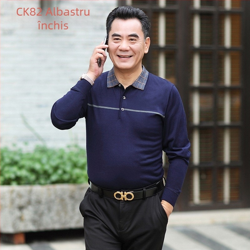 Tricou bărbați cu mânecă lungă, guler rever, viscose ușor, croială lejeră, culoare solidă, respirabil