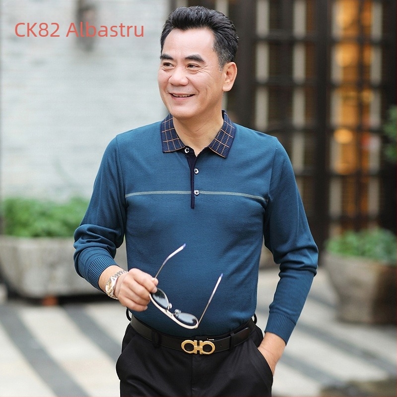 Tricou bărbați cu mânecă lungă, guler rever, viscose ușor, croială lejeră, culoare solidă, respirabil