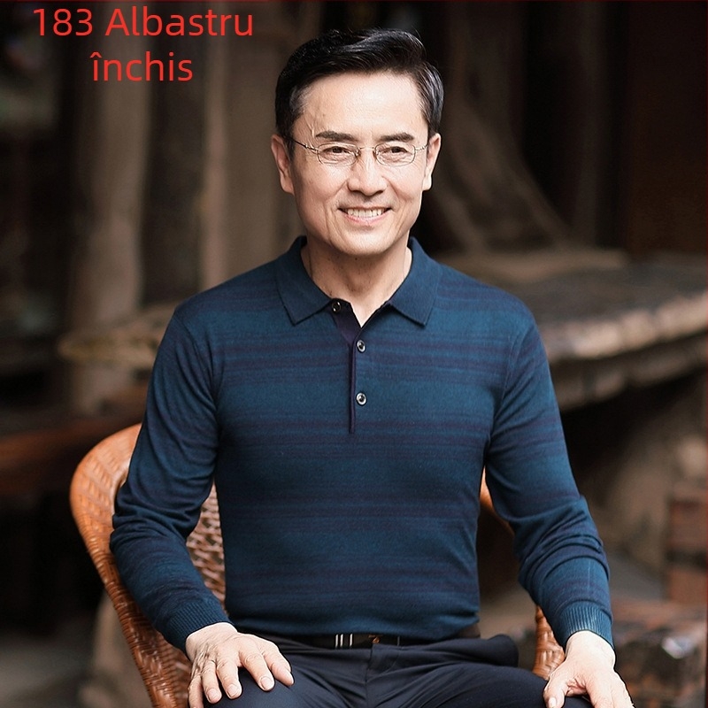 Tricou bărbați cu mânecă lungă, guler rever, viscose ușor, croială lejeră, culoare solidă, respirabil