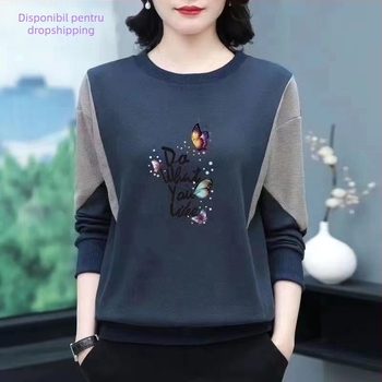 Tricou damă din bumbac cu mâneci lungi, imprimeu geometric, guler rotund, croială normală