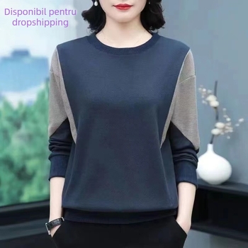 Tricou damă din bumbac cu mâneci lungi, imprimeu geometric, guler rotund, croială normală